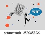 Composite photo collage of astonished girl jump hands hold paper sheet ballot election bulletin bubble vote isolated on painted background