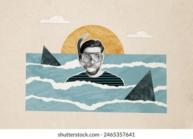 Composite photo collage of astonished scary guy wear swim equipment tube mask shark attack wild ocean trip isolated on painted background - Powered by Shutterstock