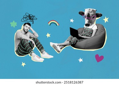 Composite photo collage of bored businessman sit girl colleague type laptop instead head cow avatar moo isolated on painted background - Powered by Shutterstock