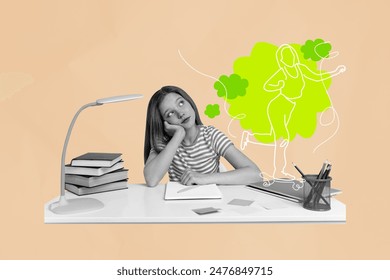 Composite photo collage of bored schoolgirl sit desk school supplies dream holidays day off skate free time isolated on painted background - Powered by Shutterstock