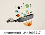 Composite photo collage of chief hand hold frying pan cook dinner fly sign question mark letters alphabet isolated on painted background