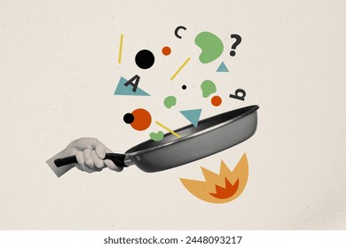 Composite photo collage of chief hand hold frying pan cook dinner fly sign question mark letters alphabet isolated on painted background