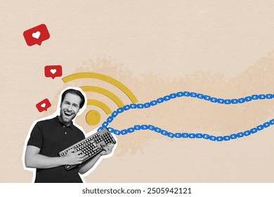 Composite photo collage of crazy man hold keypad heart social media notification like wifi 5g connection isolated on painted background - Powered by Shutterstock