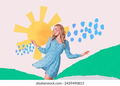 Composite photo collage of curly hair blonde woman wear dress windy warm weather sun rain spring time blush isolated on painted background - Powered by Shutterstock