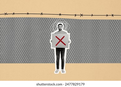 Composite photo collage of dissatisfied guy hold poster sign prohibition jail prison punishment forbidden isolated on painted background - Powered by Shutterstock