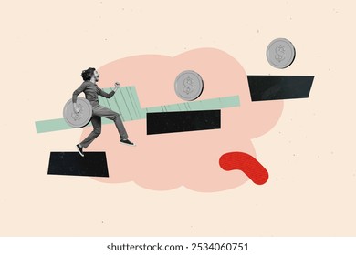 Composite photo collage of excited businessman run coin profit success income budget earnings determination isolated on painted background - Powered by Shutterstock