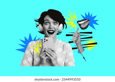 Composite photo collage of excited girl hold phone capture anonym singer karaoke performance headphones isolated on painted background - Powered by Shutterstock