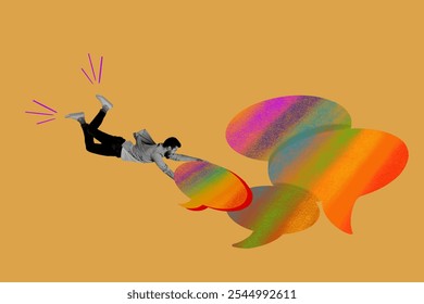 Composite photo collage of excited man hold rainbow bubble communication text box speech icon conversation isolated on painted background - Powered by Shutterstock