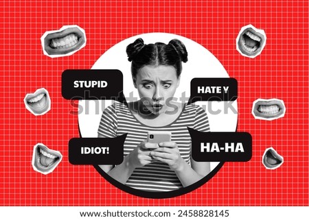 Composite photo collage of fear surprised girl hold iphone receive cyberbullying hate mouth people scream isolated on painted background