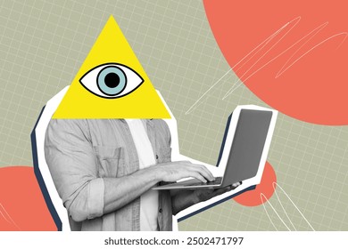 Composite photo collage of freelancer businessman instead head triangle eyeball type laptop security isolated on painted background - Powered by Shutterstock