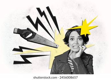 Composite photo collage of frightened scared girl victim bite fingers hand hold saw threat abuse panic isolated on painted background
