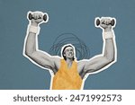 Composite photo collage of frown sportsman hold dumbbell pump biceps gym workout bodybuilding haired armpits isolated on painted background