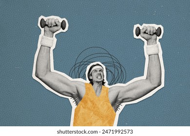 Composite photo collage of frown sportsman hold dumbbell pump biceps gym workout bodybuilding haired armpits isolated on painted background - Powered by Shutterstock