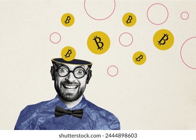 Composite photo collage of funny gay hole head big eyes glasses bow tie blockchain bitcoin earnings trader isolated on painted background