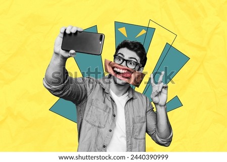 Composite photo collage of funny nerd guy cut mouth teeth tongue make selfie iphone blogg gadget two fingers isolated on painted background