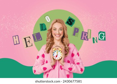 Composite photo collage of girl blonde curly hair wear strawberry cardigan hold clock spring atmosphere isolated on painting background