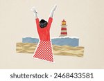 Composite photo collage of girl stand back wave lighthouse sos signal vacation journey resort beach ocean isolated on painted background