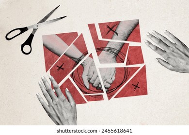 Composite photo collage of hand collect pieces sketch photo tear couple breakup hold arms unity love support isolated on painted background