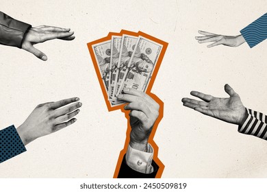 Composite photo collage of hand hold money dollars charity help poor people hand volunteer support payment isolated on painted background