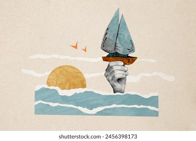 Composite photo collage of hand hold vessel ship nature sightseeing vacation voyage adventure boat ocean isolated on painted background - Powered by Shutterstock