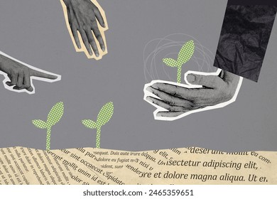 Composite photo collage of hand hold ground plant conservation environment protect earth day agriculture isolated on painted background