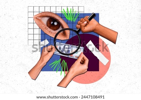 Composite photo collage of hand hold lens zoom fake money exchange eye stare falsification fraud joke isolated on painted background