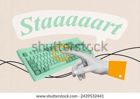 Composite photo collage of hand press computer keyboard button wireless alphabet qwerty key tool start isolated on painted background