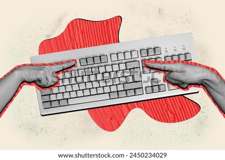 Composite photo collage of hand press computer keyboard button wireless alphabet qwerty key tool type isolated on painted background