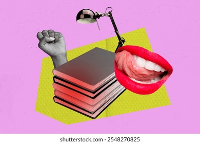 Composite photo collage of hand show fist planner book stack education lamp illumination supplies mouth isolated on painted background - Powered by Shutterstock