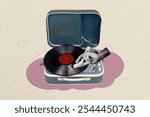 Composite photo collage of hand turn retro player vinyl disk occasion music 90 melody meloman plate song isolated on painted background