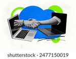 Composite photo collage of hands hold together distant correspondence macbook device cooperation office isolated on painted background