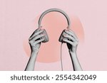 Composite photo collage of hands hold headphones audio playlist radio track entertainment hobby melody isolated on painted background