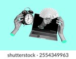 Composite photo collage of hands hold dollar income alarm bell deadline laptop freelancer success timer isolated on painted background