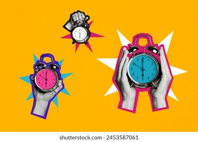 Composite photo collage of hands hold alarm clock watch time management limit early morning late night isolated on painted background