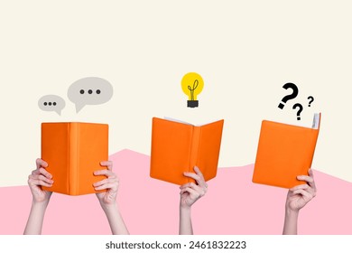 Composite photo collage of hands hold book light bulb enlightenment question mark text box plot literature isolated on painted background