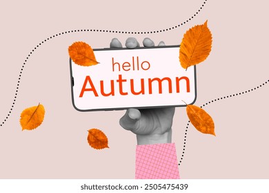 Composite photo collage of hands hold phone screen hello autumn foliage leaves dry season september isolated on painted background - Powered by Shutterstock