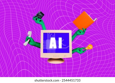 Composite photo collage of hands hold artificial intelligence multitask light bulb planner camera handset isolated on painted background - Powered by Shutterstock