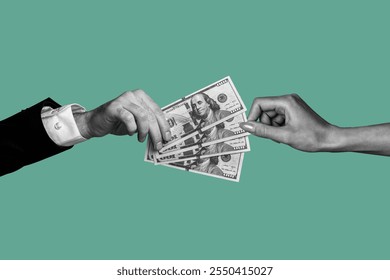 Composite photo collage of hands hold dollar capital banknotes income share donation support earnings cash isolated on painted background