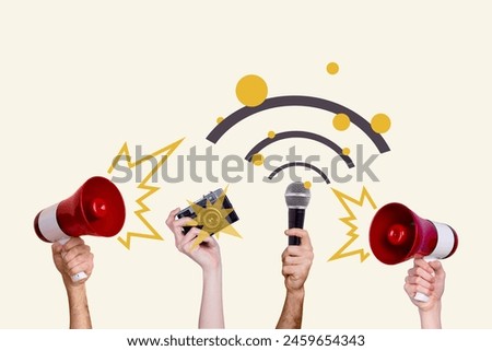Composite photo collage of hands hold megaphone microphone devices strike wifi stripes vote agitation promo isolated on painted background