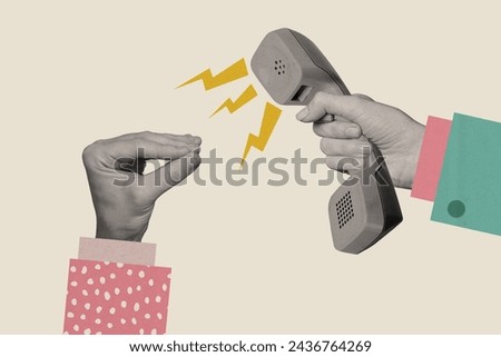 Composite photo collage of hands imitate mouth speak talk communication telephone handset call lightening isolated on painted background