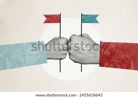 Composite photo collage of hands kick together hold flags election candidate opponent party unity red blue isolated on painted background