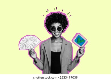 Composite photo collage of happy american girl hold dollar income success deal checkmark sign profit usd isolated on painted background - Powered by Shutterstock