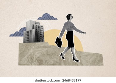 Composite photo collage of happy businesswoman walk hold briefcase urban city company building worker isolated on painted background - Powered by Shutterstock