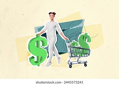 Composite photo collage of happy customer girl carry trolley dollar sign earnings sale discount shopaholic isolated on painted background - Powered by Shutterstock