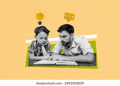 Composite photo collage of happy dad help son homework read book school study light bulb idea text box talk isolated on painted background - Powered by Shutterstock