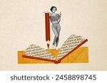 Composite photo collage of happy girl hold big pencil stand open book page browsing iphone online bookstore isolated on painted background