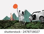 Composite photo collage of happy girl guy hug together weekend camp cabriolet auto mountain bonfire hiking isolated on painted background
