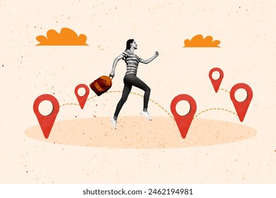 Composite photo collage of happy girl hold backpack tourist vacation gps icon map route summer travel tourist isolated on painted background
