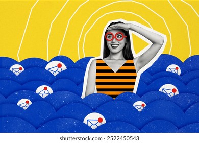 Composite photo collage of happy girl wear glasses striped swimsuit message notification email social media isolated on painted background - Powered by Shutterstock