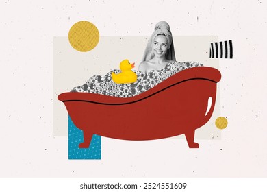 Composite photo collage of happy girl take bath shower foam relax spa procedure turban skincare treatment isolated on painted background - Powered by Shutterstock